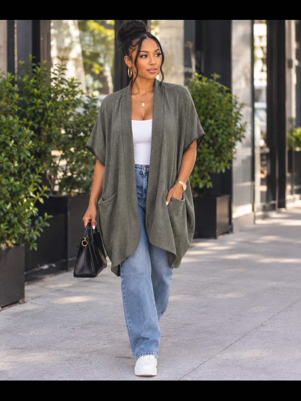 Olive Open-Front Shawl Cardigan Sweater